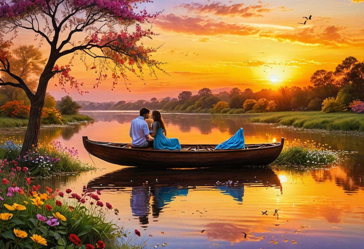 A serene landscape where musical notes float gently in the air, intertwining with tender scenes of couples sharing intimate moments. The backdrop features a sunset casting golden hues, while flowers bloom in vibrant colors, symbolizing the blossoming of relationships. Incorporate elements of harmony like a soft, flowing river, echoing the soothing nature of melodies. The overall vibe should evoke warmth and connection, celebrating the bond between music and love. super-realistic. vibrant colors. dreamy atmosphere.