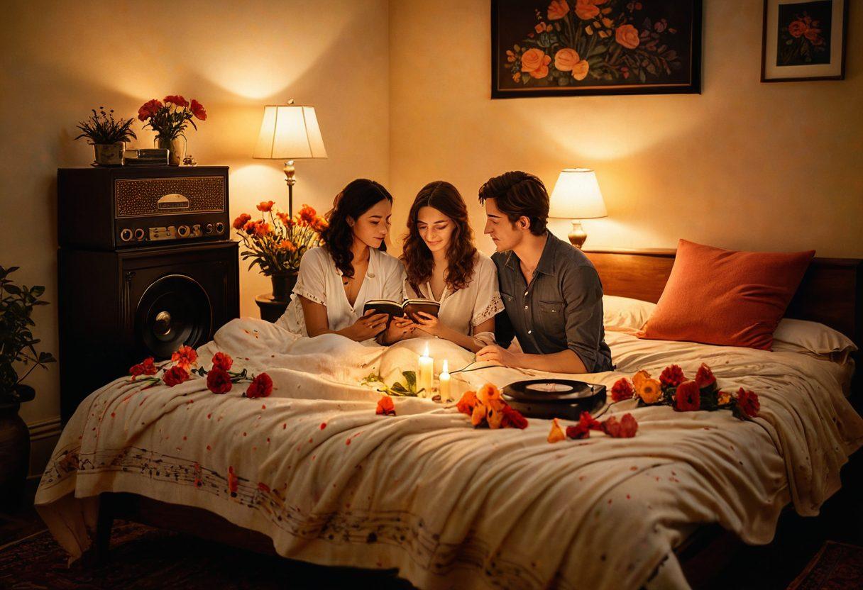 A romantic scene featuring a cozy candlelit room with a vinyl record player softly spinning a vintage love song. In the foreground, a couple sits together, sharing warmth under a blanket, surrounded by flowers and musical notes in the air. The atmosphere should be filled with a dreamy, nostalgic vibe, highlighting the power of music in love. warm lighting, soft focus. vibrant colors. painting.