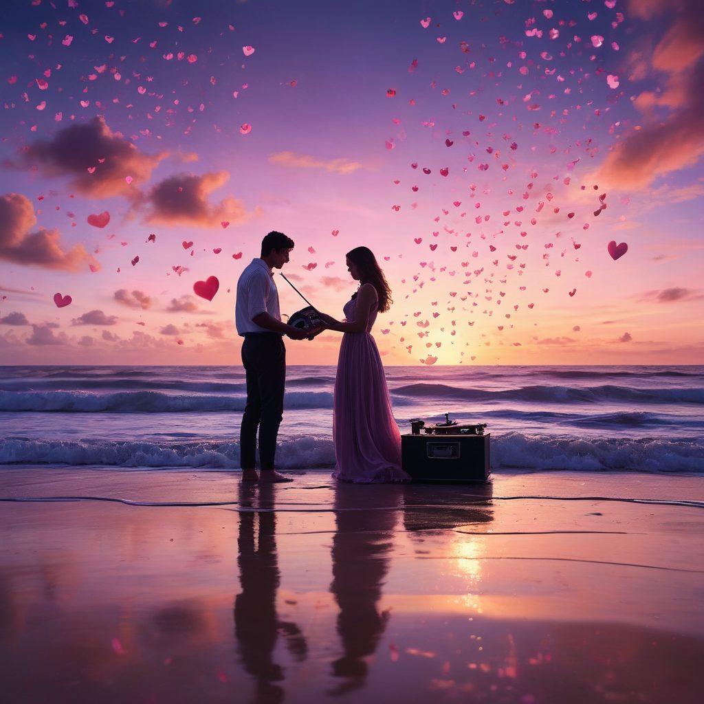 A couple swaying gently on a moonlit beach, surrounded by swirling musical notes illuminated by glowing hearts, expressing their deep emotional connection. The sky is filled with pastel colors, blending romantic hues of pink and purple. In the foreground, a vintage record player softly spins, while petals from blooming roses float through the air. super-realistic. vibrant colors. dreamy atmosphere.